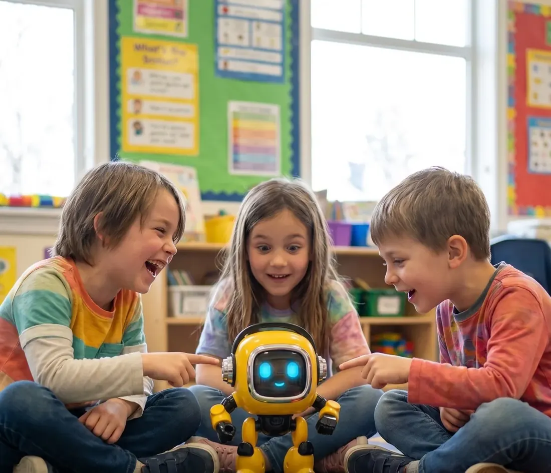 Tre bambini ridono e scoprono Cosmo insieme in classe