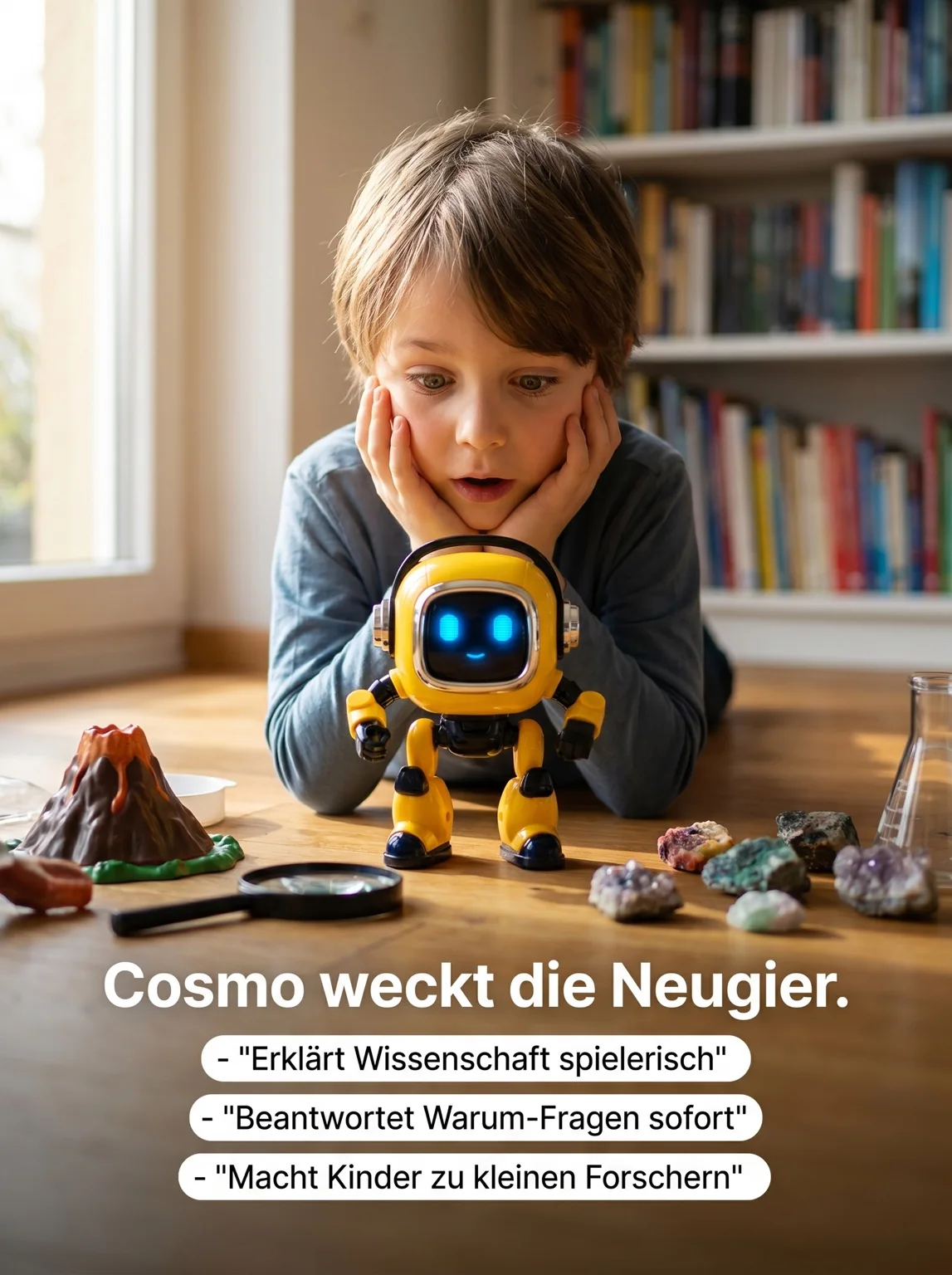 Kind entdeckt neugierig die Welt der Wissenschaft mit Cosmo