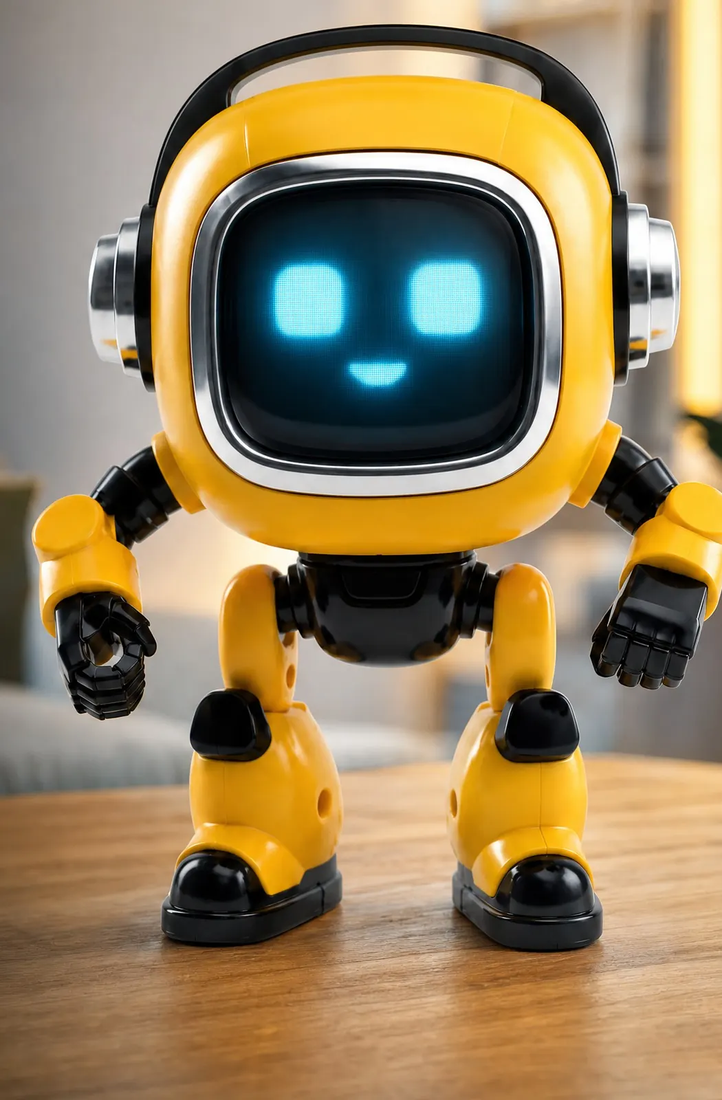 Cosmo, il robot educativo giallo con il volto luminoso, su un tavolo di legno