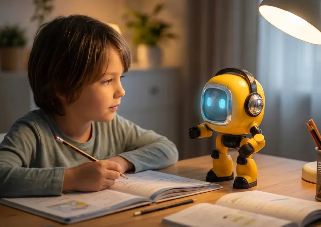 Un bambino fa i compiti alla scrivania, accanto a lui c’è Cosmo